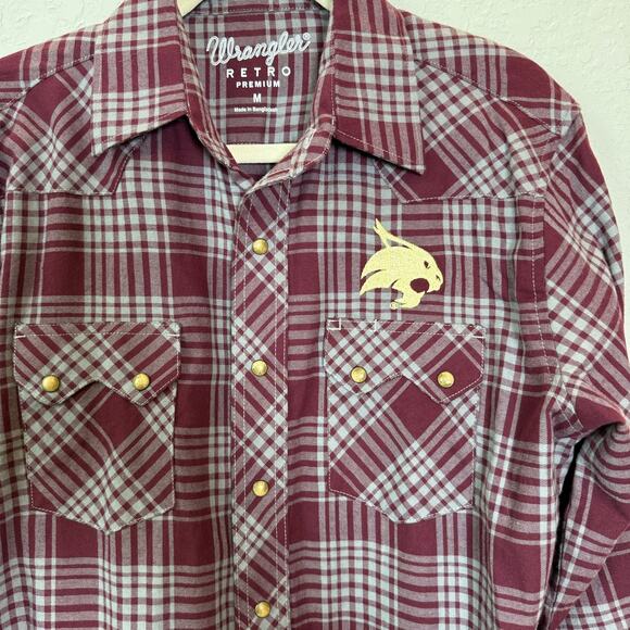 Men's Wrangler Retro Maroon Plaid Embroidered Bobcat Texas State Size M - Picture 3 of 8